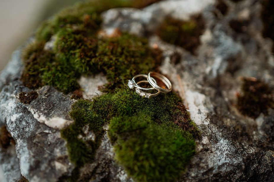 Two gold rings with diamonds rest on a moss-covered rock. The setting is earthy, with green moss contrasting against the grey stone.