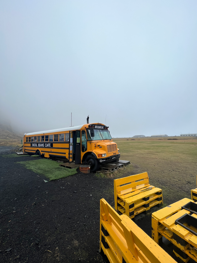 Yellow school bus labeled "Skool Beans Cafe" parked on grass, with yellow pallet benches. Foggy, open field in iceland.