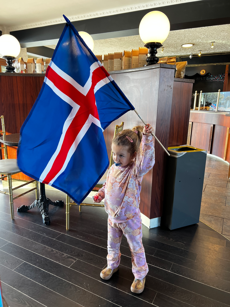child holds up iceland flag
