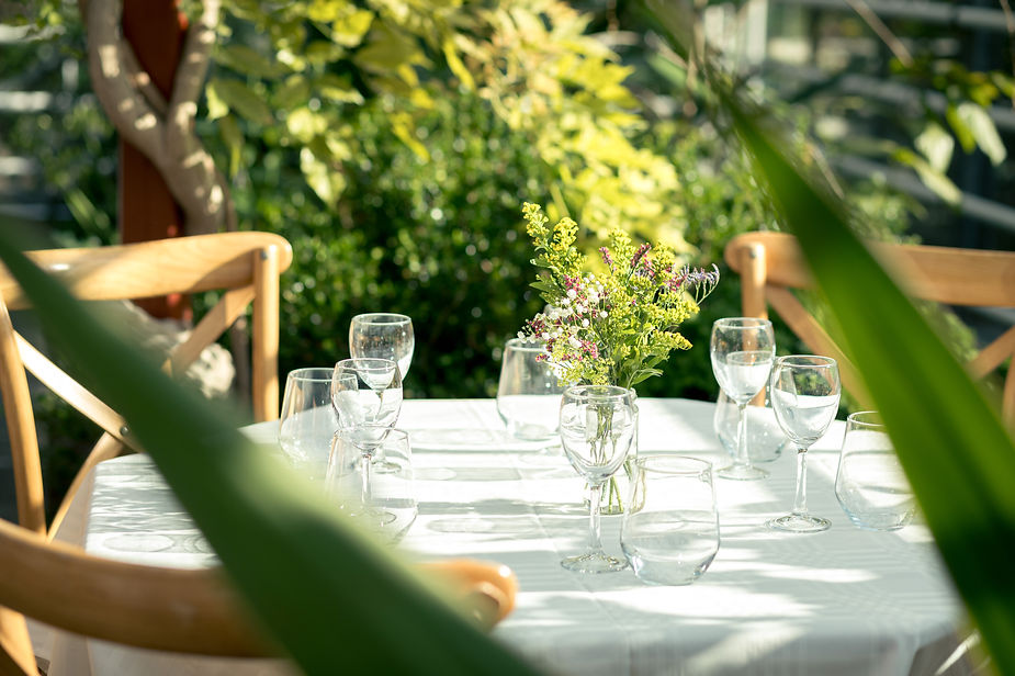 Sunny outdoor scene with a table set for wedding reception. Glasses and a vase of flowers sit on a white cloth, surrounded by greenery and wooden chairs.