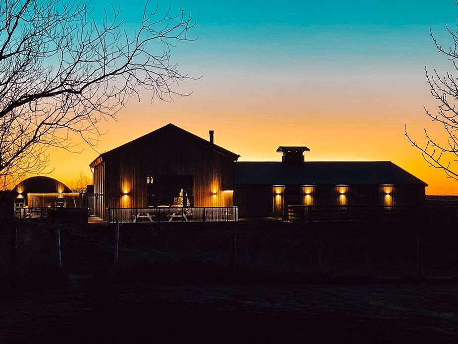 wedding venue in iceland lit at dusk against an orange and blue sky, trees silhouetted in the foreground, creating a calm, serene atmosphere.