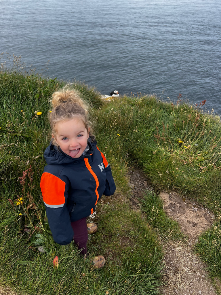 small girl smiles as she sees a puffin in iceland