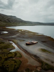 overhead view of s shipwreck at the westfjords in iceland