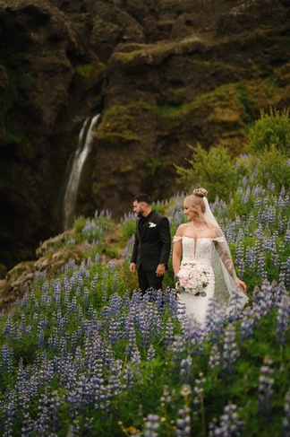 with a budget elopement in iceland, bride and groom walk thorugh the lupins during their adventure wedding