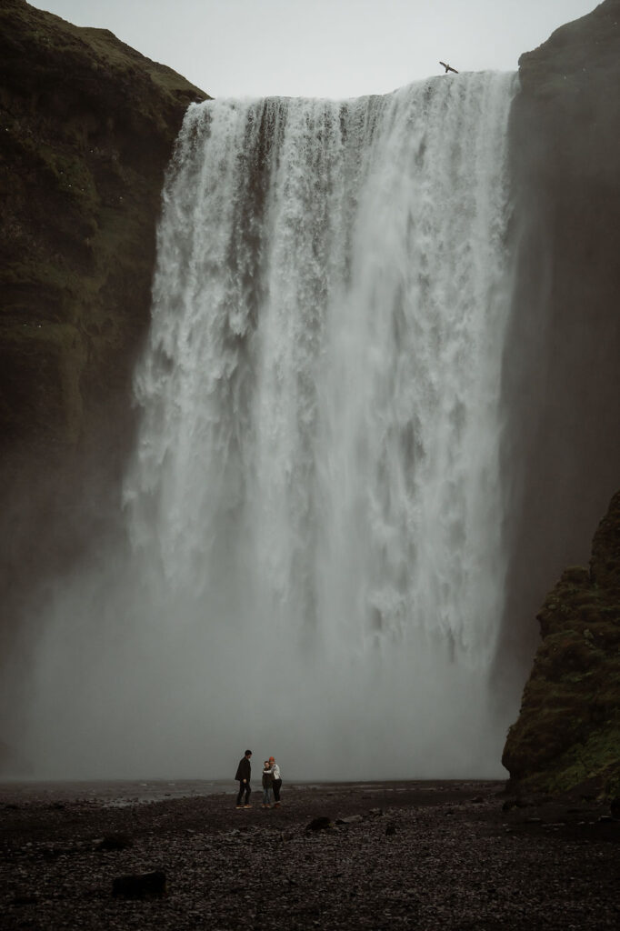 taken from a distance, a family stands in front of waterfall during family photos by iceland photographer.