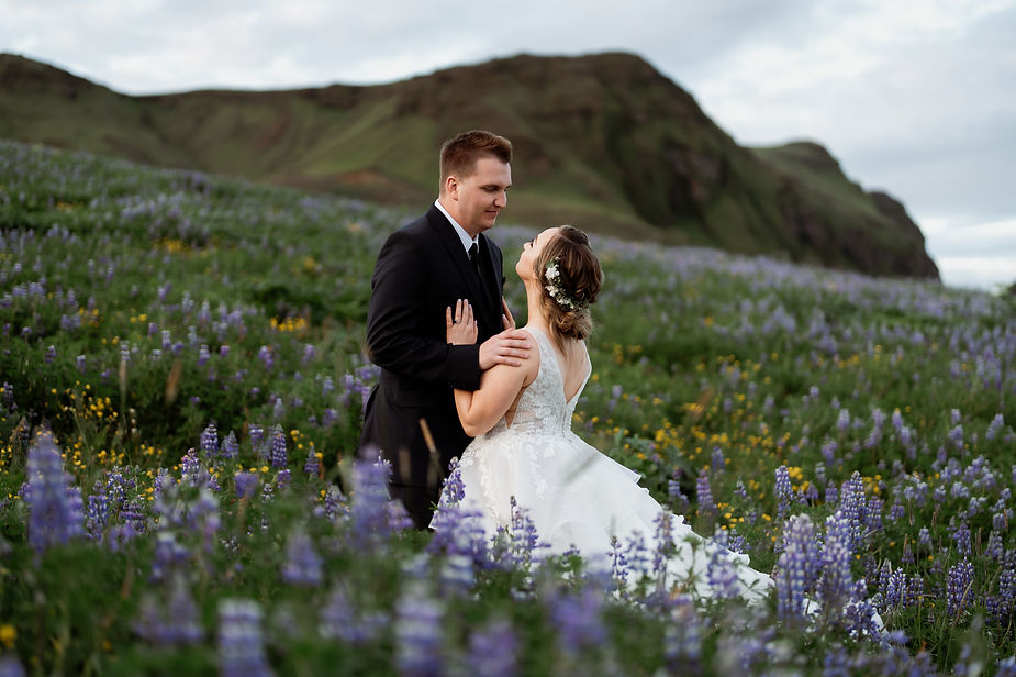 bride and groom stand in lupin flower fields during iceland elopement portraits.