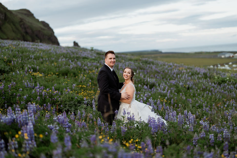 bride and groom stand in lupine flower fields during dreamy iceland elopement.