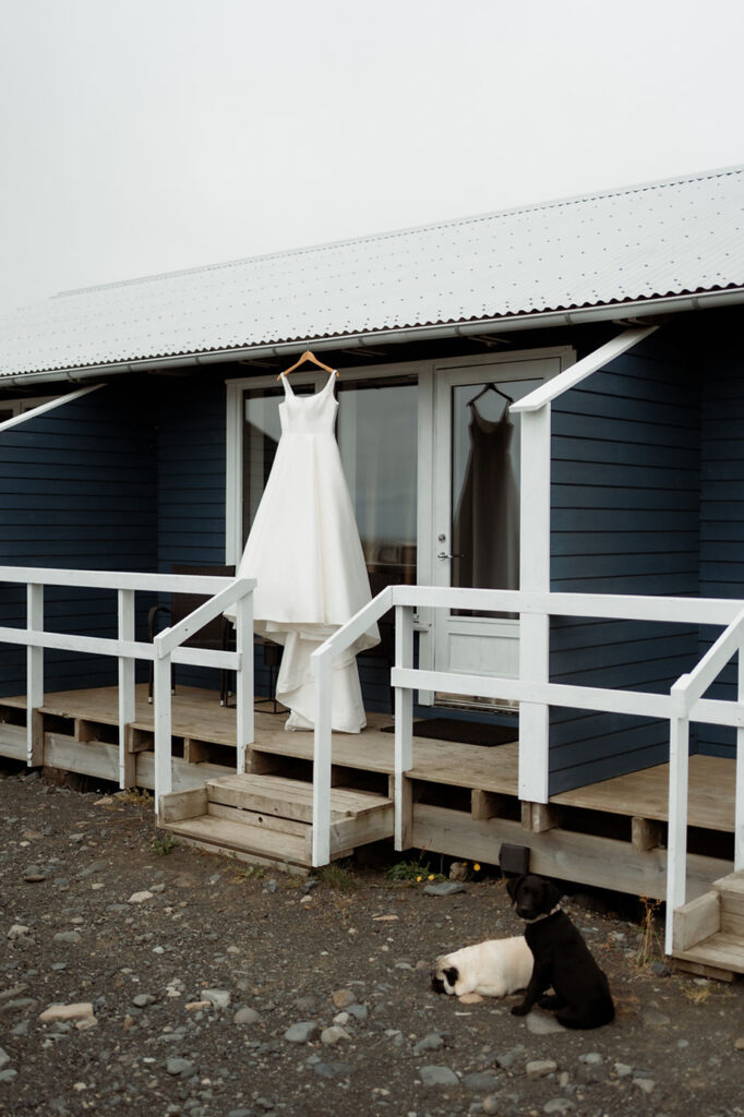 wedding dress hangs up for adventure wedding in iceland.