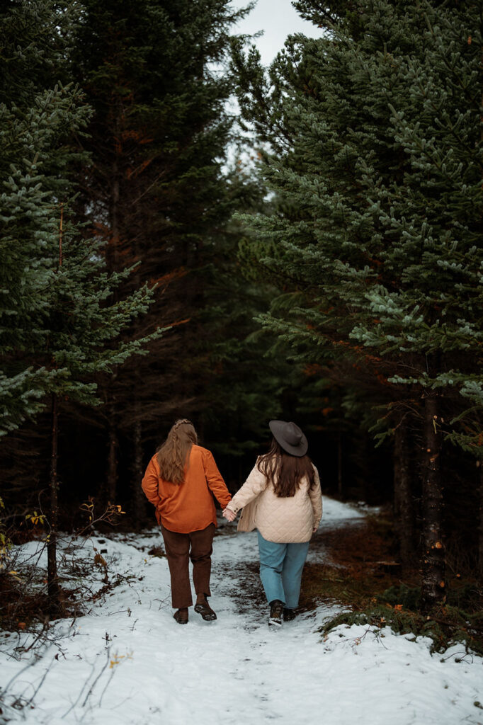 lgbtq+ couple hold hands and walk into forest in iceland during engagement photos.