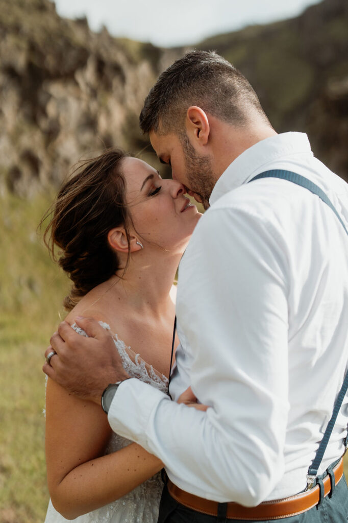 bride and groom kiss during their adventure elopement in iceland.